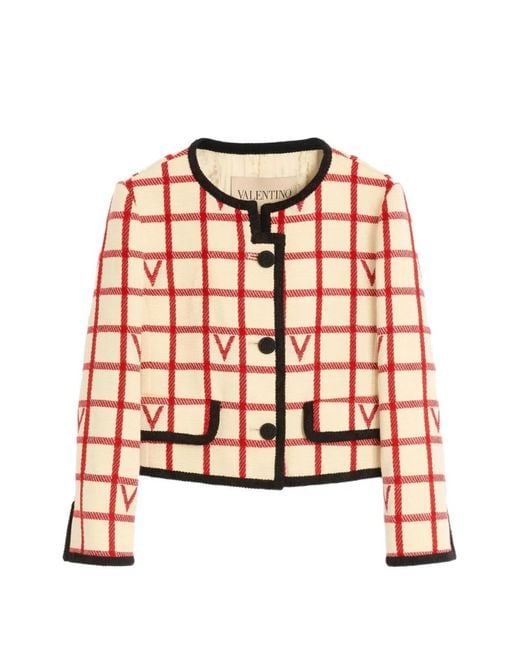 Valentino Garavani Red Grid Pattern Embellished Jacket