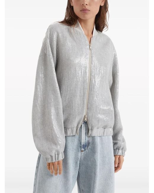 Brunello Cucinelli Gray Sequin-Embellished Bomber Jacket