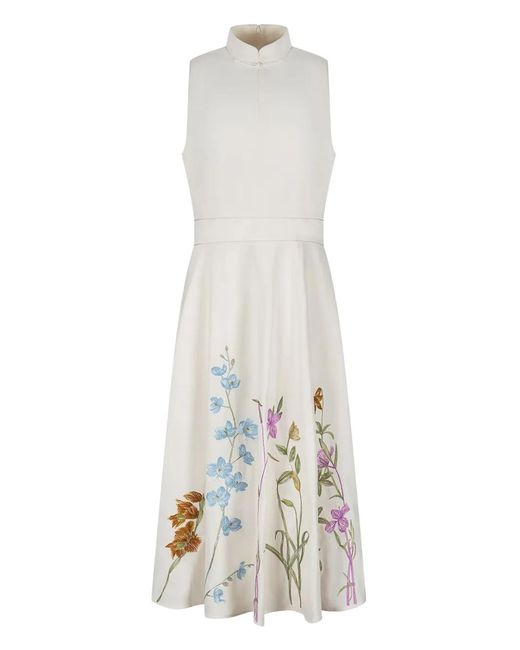 Shanghai Tang White Floral-Embroidery Midi Dress