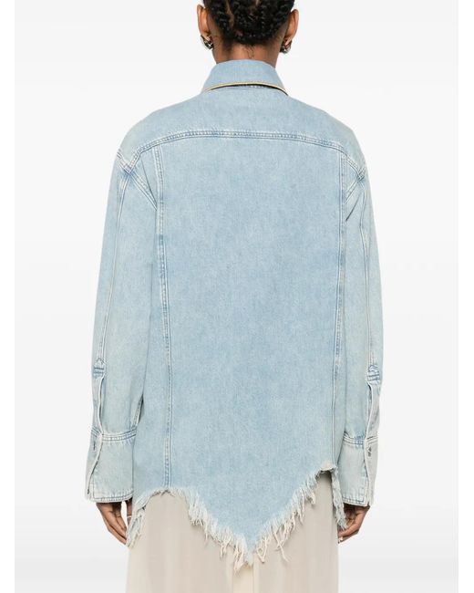 Blumarine Blue Logo-Embroidered Frayed-Hem Shirt