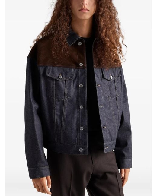 Prada Blue Suede-Panel Denim Jacket for men