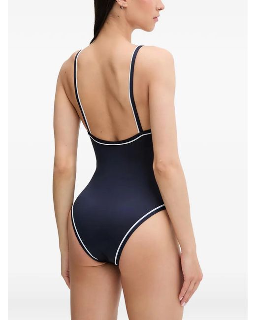 Lacoste Blue Logo-Patch Piped Swimsuit