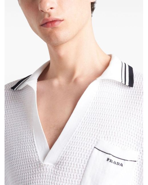 Prada White Logo-intarsia Polo Top for men