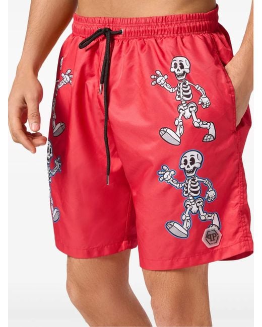 Philipp Plein Red Skeleton-Print Swim Shorts for men