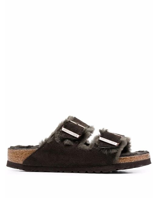 Birkenstock Black Arizona Shearling Lined Suede Two-Strap Sandals