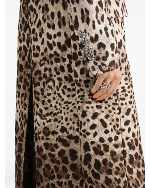 Dolce & Gabbana Natural Leo-Print Brocade Single-Breasted Coat With Jewel Buttons