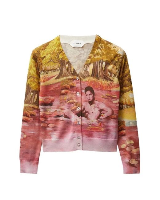 Versace Red Printed Silk Knit Cardigan