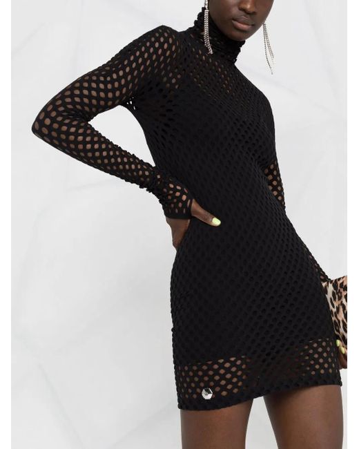 Philipp Plein Black Long-sleeved Mesh Short Dress