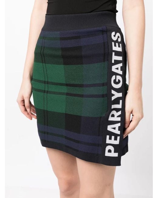 PEARLY GATES Green Logo-Tape Plaid Knitted Skirt