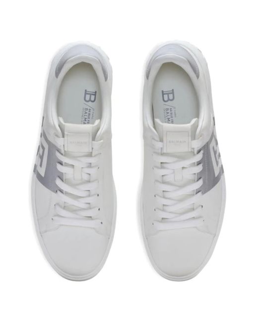 Balmain White B-Court Logo-Detail Calfskin Sneakers for men
