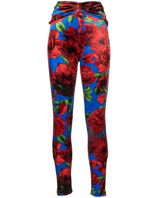 Magda Butrym Red Rose-Print Velvet Leggings