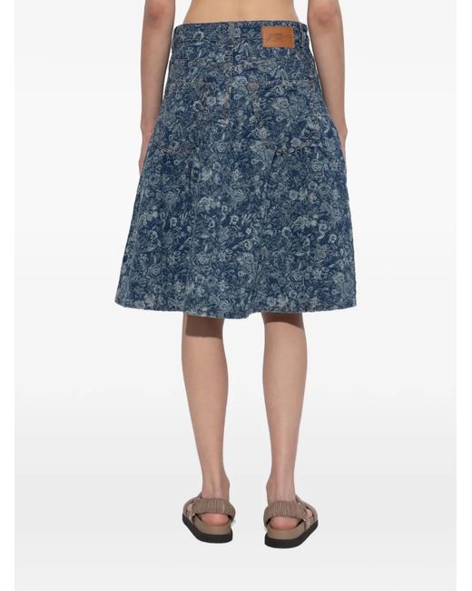 Ganni Blue Floral-Print Flared Skirt