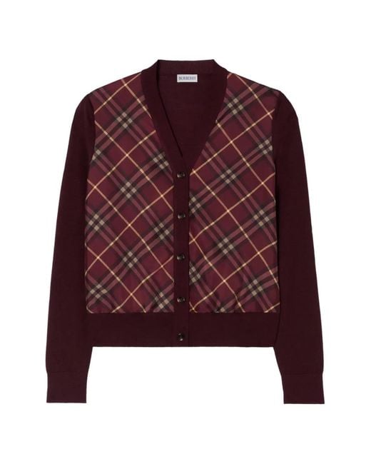 Burberry Purple Check Panel Wool Silk Cardigan