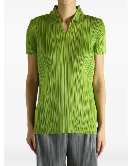 Pleats Please Issey Miyake Green August Pleated Polo Top