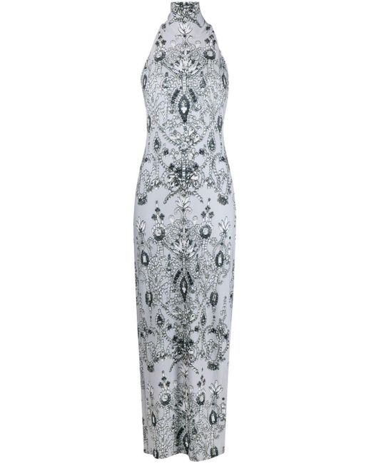 Norma Kamali Crystal-print Halterneck Maxi Dress in White | Lyst