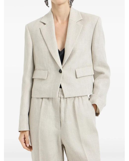 Brunello Cucinelli White Chevron-Pattern Cropped Blazer