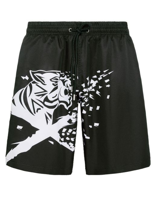 Philipp Plein Black Tiger Print Swim Shorts for men