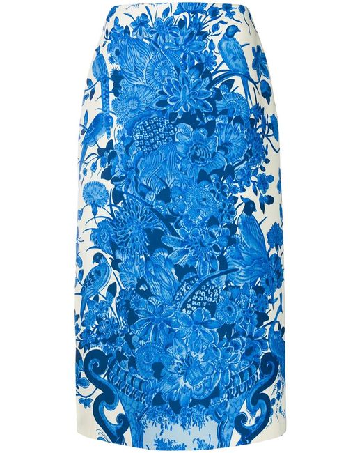 Valentino Garavani Blue Floral-Print Mid-Length Skirt
