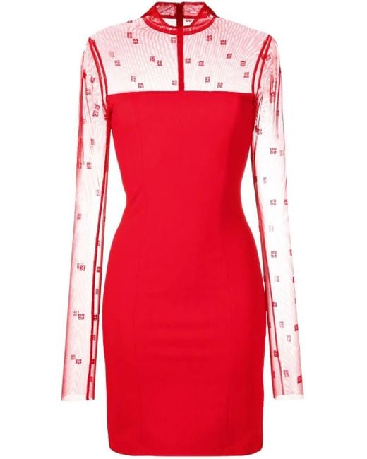 Givenchy Red Tulle Panel Long-sleeve Dress