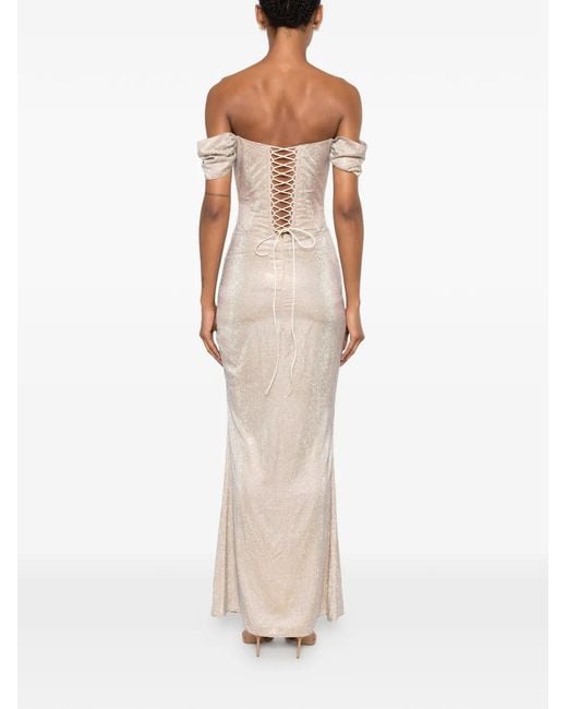Miron White Crystal-Embellished Off-Shoulder Dress