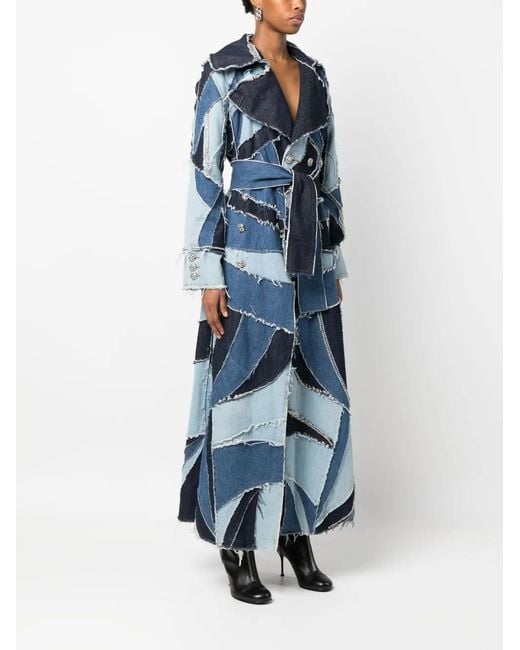 Philipp Plein Blue Denim-Patchwork Double-Breasted Coat