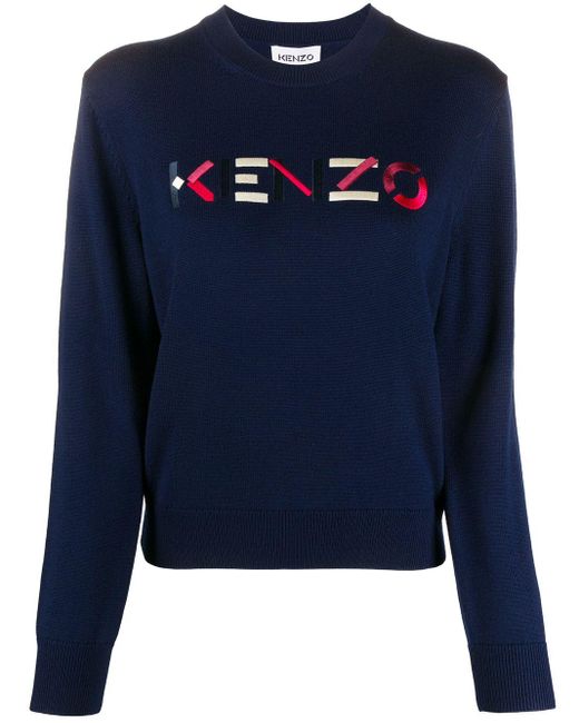 KENZO Blue Embroidered Logo Crew Neck Jumper