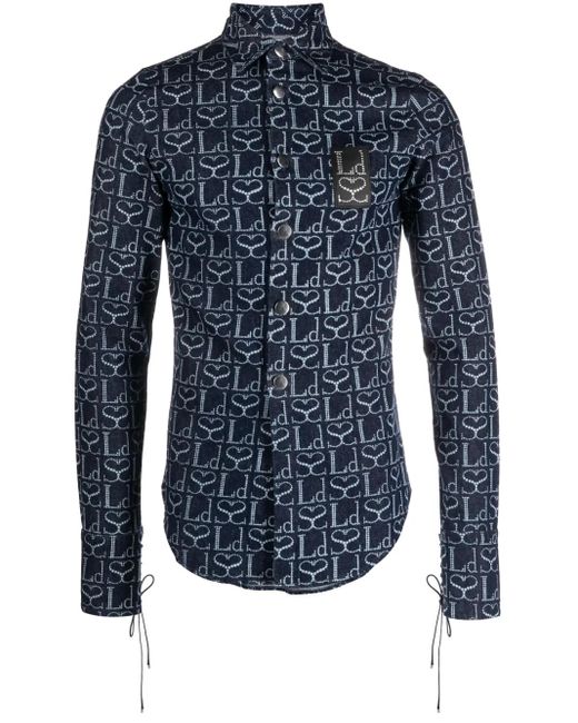 Ludovic de Saint Sernin Blue Monogram-Print Logo-Patch Shirt