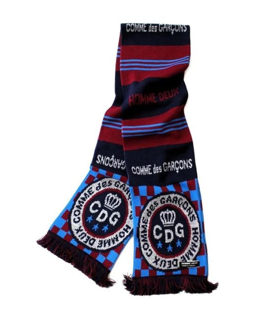 Comme des Garçons Blue Fringed Graphic Scarf for men