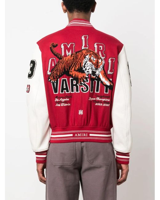 Amiri Red And White Varsity Bomber Jacket With Vintage Patches for men