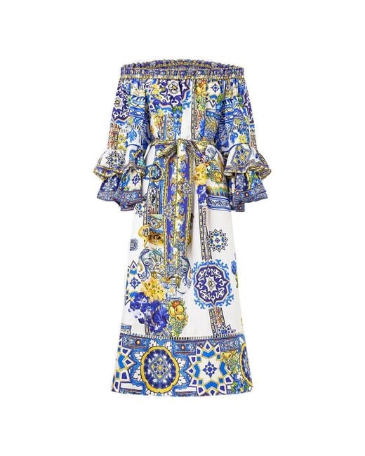 Camilla Blue Frill-Sleeve Off-Shoulder Midi Dress