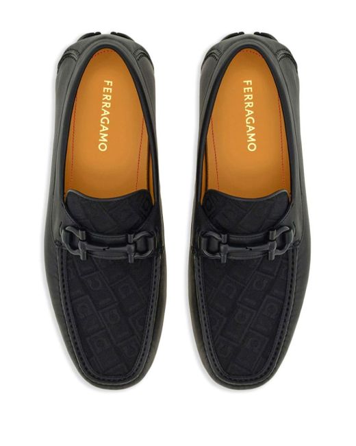 Ferragamo Black Gancini-jacquard Leather Loafers for men