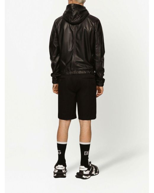 Dolce & Gabbana Black Logo-tag Hooded Leather Jacket for men