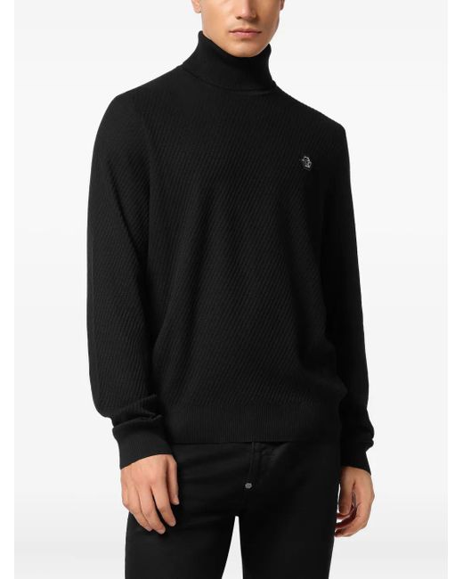 Philipp Plein Black Ribbed Turtle-Neck Sweater for men