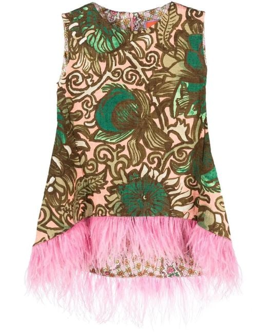 LaDoubleJ Red Painterly-Print Feather-Detail Top