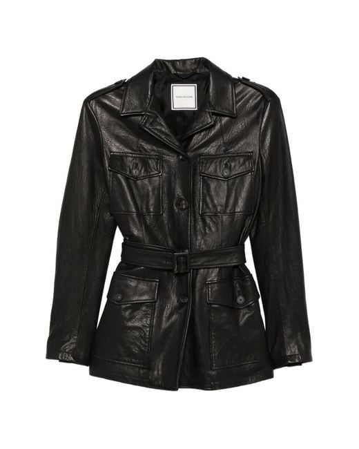 Tagliatore Black Belted Button-Fastening Leather Jacket