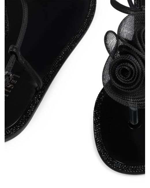 Le Silla Black Rose-Applique Flat Sandals