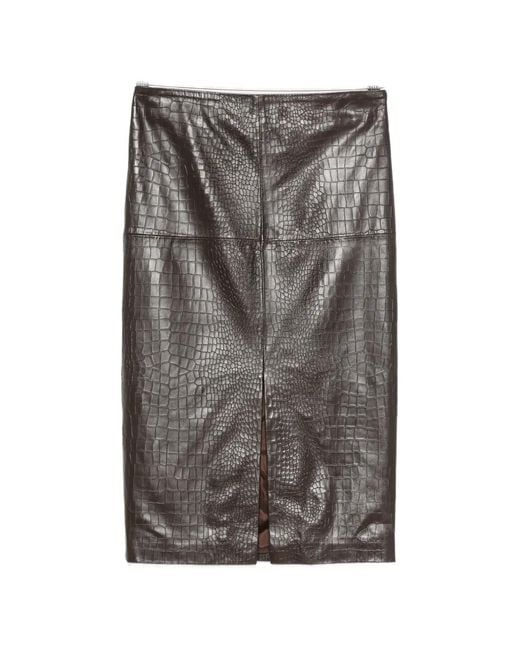 FEDERICA TOSI Gray Crocodile-Effect Leather Midi Skirt