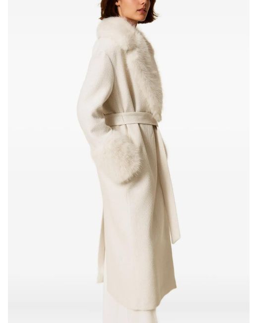 Twinset White Faux-Fur-Trimmed Belted Coat