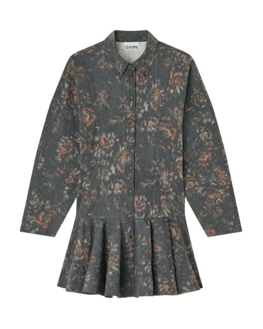 Ganni Gray Printed Buttoned Dress