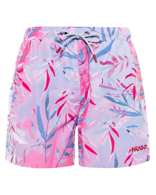 HUGO Pink Floral-print Swim Shorts for men
