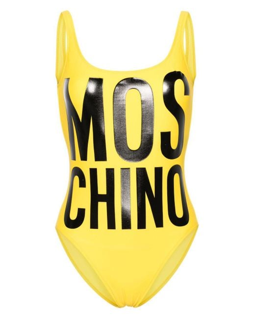 Moschino Yellow Rückenfreier Badeanzug mit Logo-Print