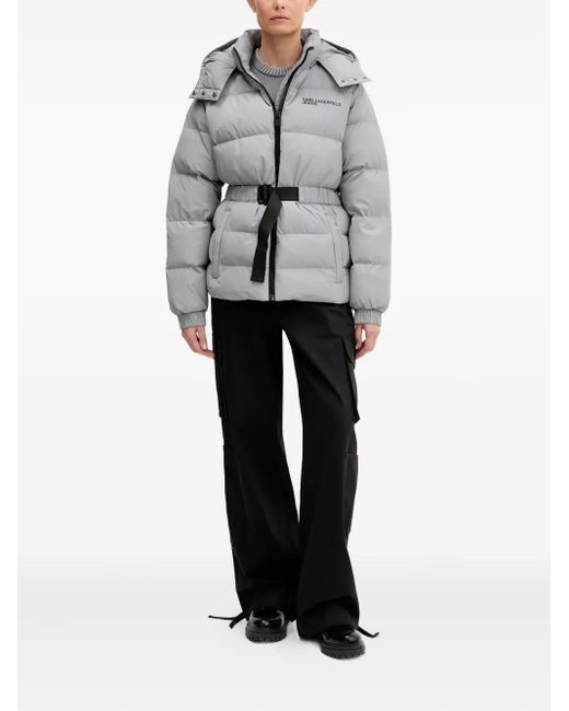 Karl Lagerfeld Gray Hooded Belted Puffer Jacket