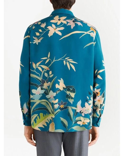Etro Blue Floral-print Silk Crepe De Chine Shirt for men