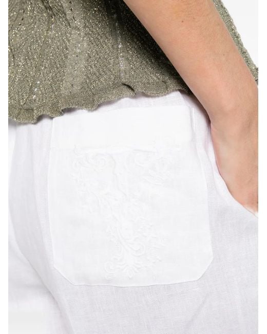 Twinset White Linen Trousers With Embroidered Logo