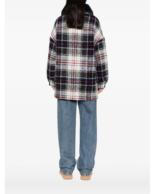 Ava Adore Blue Faux-Fur-Collar Check-Pattern Coat