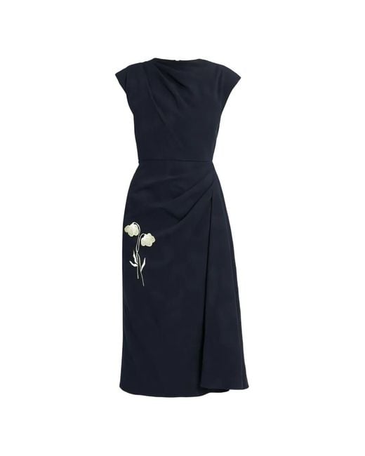 Erdem Blue Flower-Jacquard Draped Midi Dress