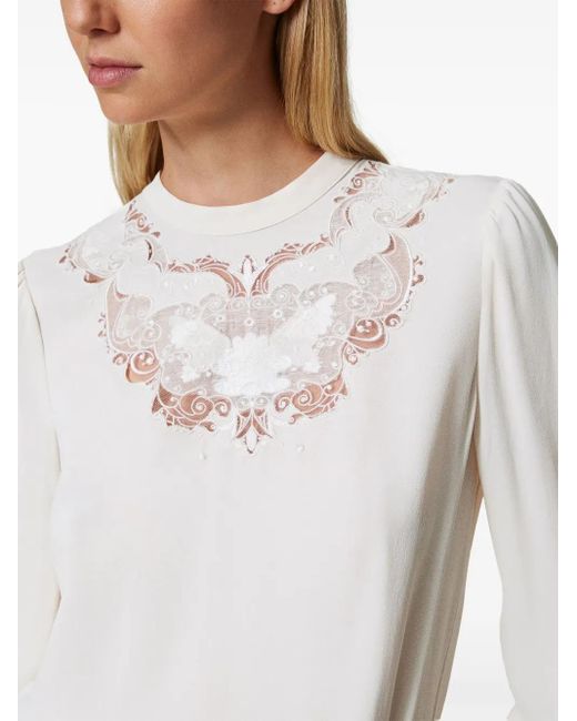 Twinset White Floral-Embroidered Crepe Blouse