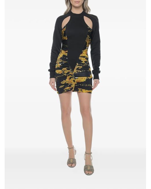 Versace Jeans Couture Black Baroque-Print Ruched Dress