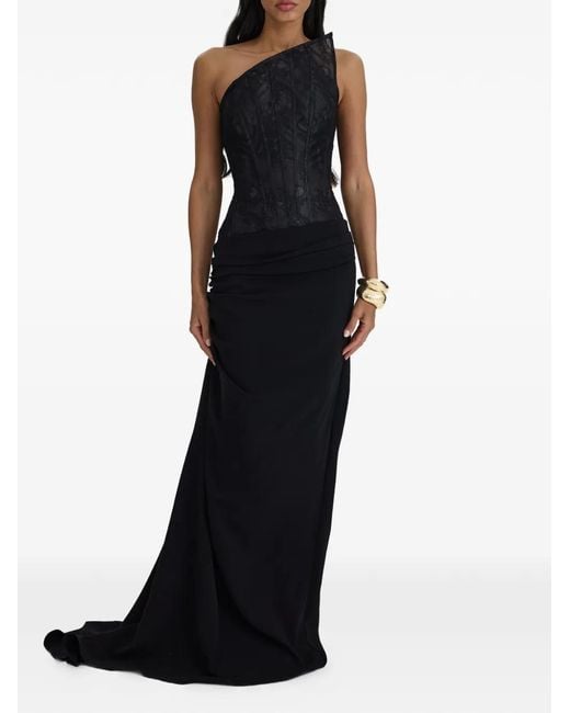 MOOS STUDIO Black Lace-Panelled Asymmetric-Neck Maxi Dress