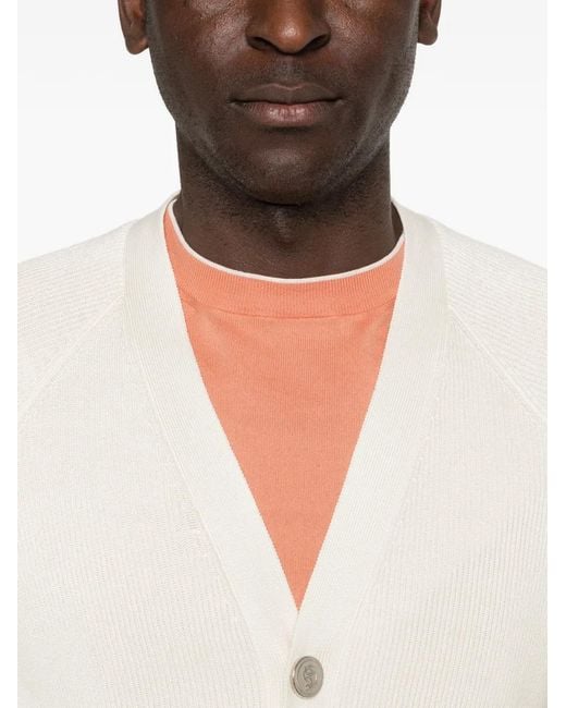 Brunello Cucinelli White Button Ribbed Cardigan for men